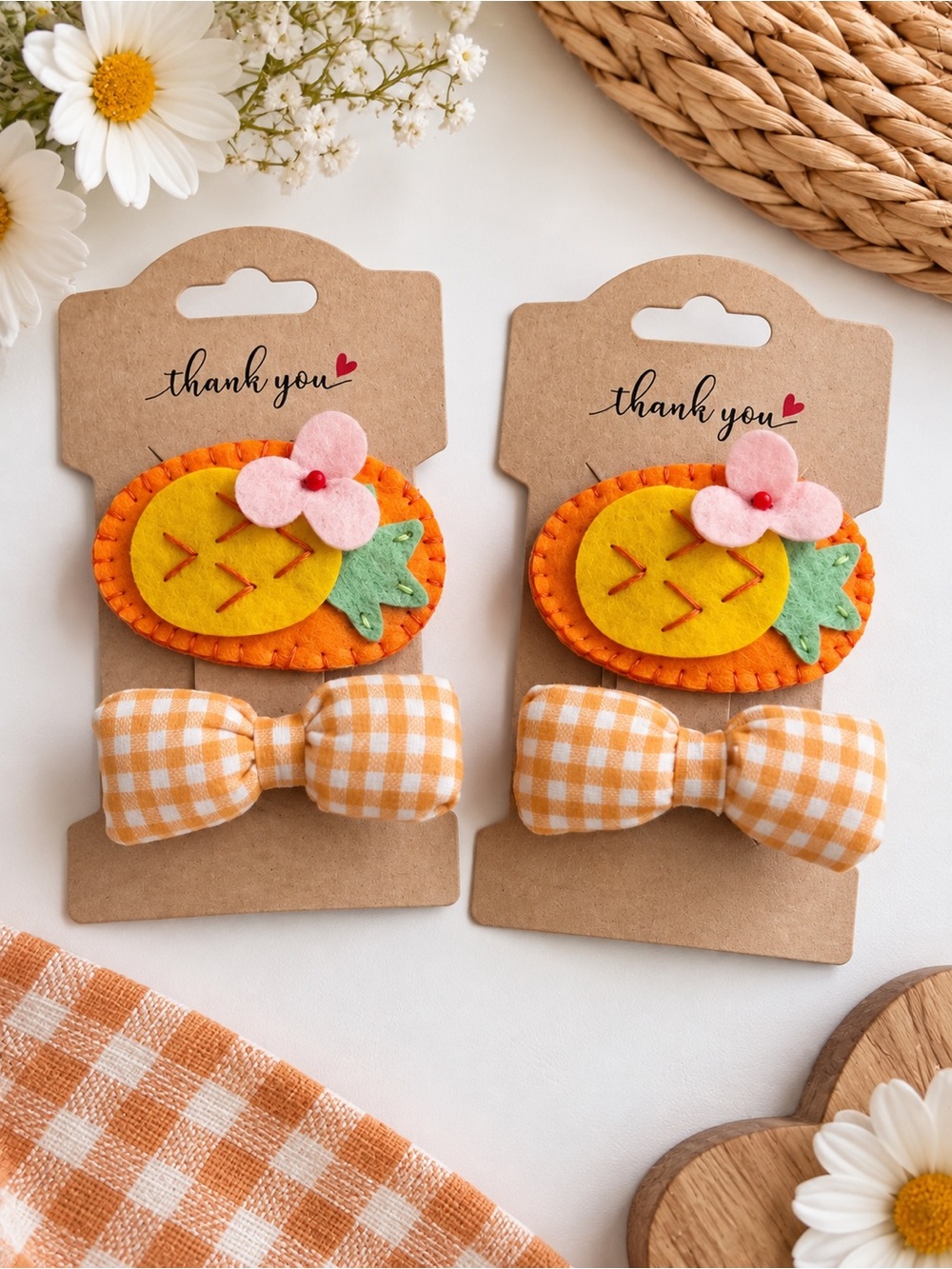 Pineapple Hair Clip Set for Girls Orange Gingham Bow & Felt Pineapple Clip - Picture 5 of 7